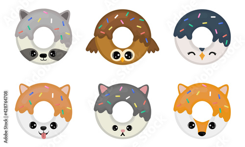 Cute set with cartoon donuts in the form of animals. Raccoon, owl, penguin, corgi dog, cat, fox.