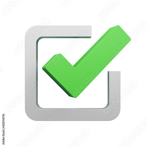 Green checkmark in the rounded square. 3D symbol on a white background