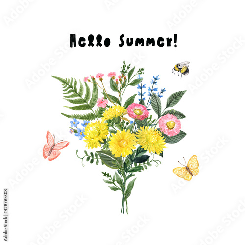 Watercolor wildflowers bouquet, isolated on white background. Bright and colo...