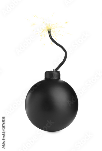 Old fashioned black bomb with lit fuse on white background