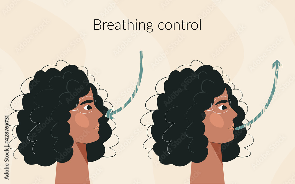 Breath exercise for woman wellbeing and calmness Deep breathing concept.  Inhale and exhale, breath awareness exercise. Modern young girl in cartoon  style hand-drawn vector illustration Stock Vector | Adobe Stock