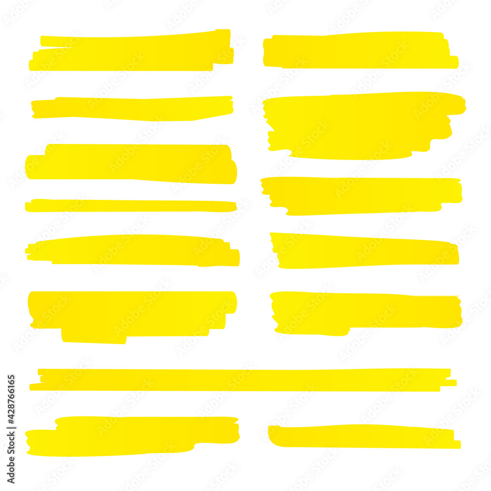 Highlight brush underline yellow marker vector pen. Stroke highligher color set