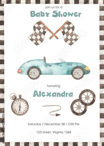 Watercolor baby shower with race car, timer, finish flag, wheels