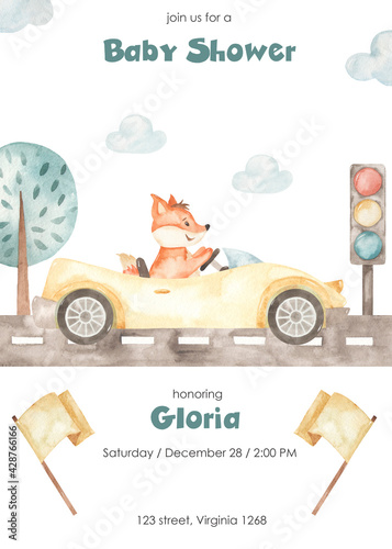 Watercolor baby shower with racing car, fox, road, trees for boy