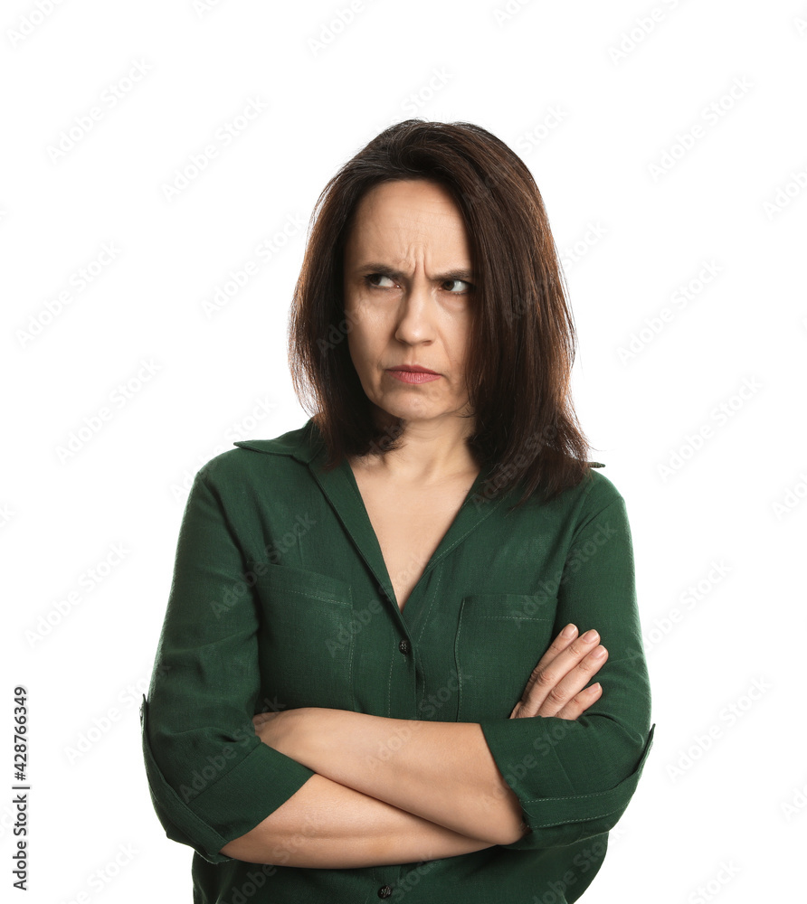 Fototapeta premium Portrait of angry woman on white background. Hate concept