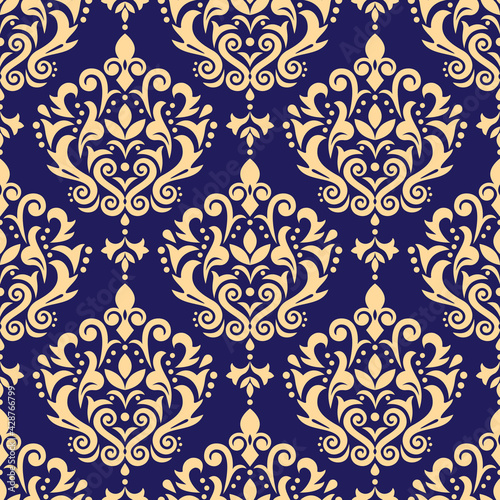 Damask vector seamless pattern, victoraian textile or fabric print design with swirls and leaves, arabic retro background 