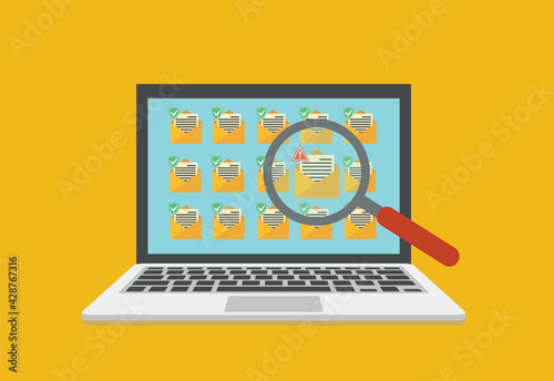 Laptop and envelope with black document and skull icon. Virus, malware, email fraud, e-mail spam, phishing scam, hacker attack