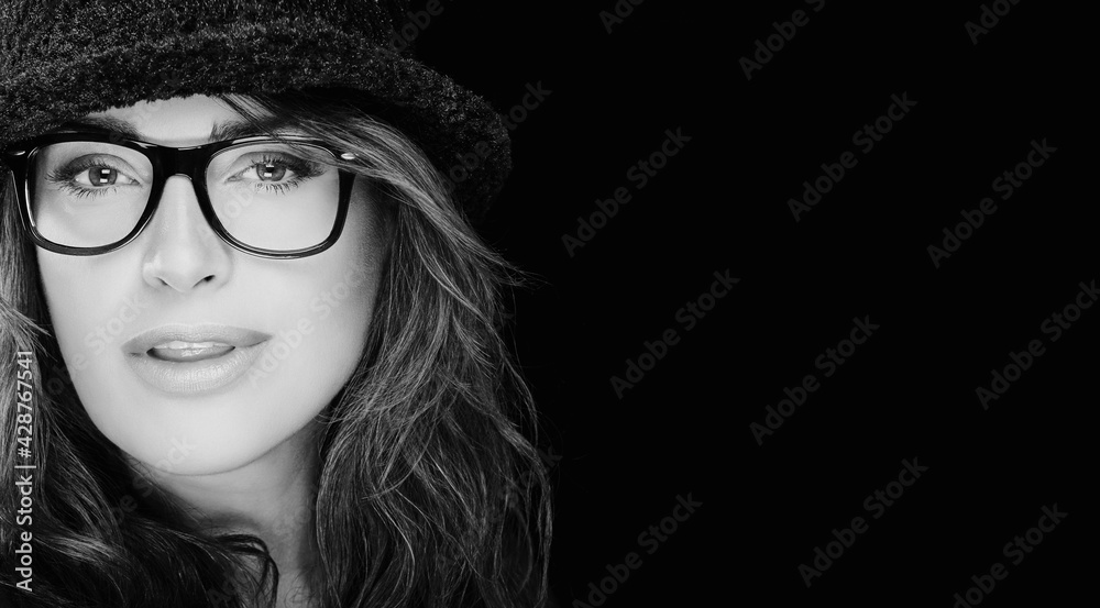 Monochrome Beautiful Young Woman Wearing Eyeglasses. Eyecare and ophthalmology concept