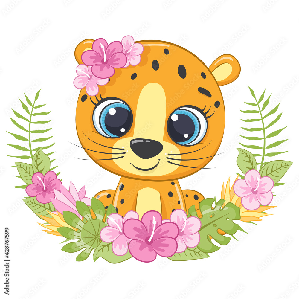 Cute little leopard with wreath of hawaii flowers. Cartoon vector illustration. Cute little leopard with wreath of hawaii flowers. Cartoon vector illustration.