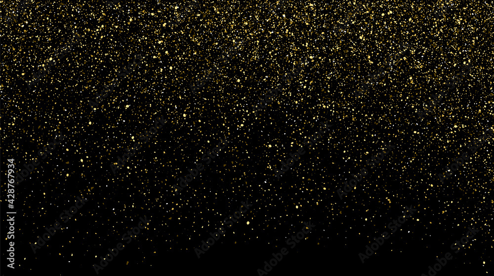 Gold glitter texture on black background. Golden sparkle confetti vector shine luxury gold glitter