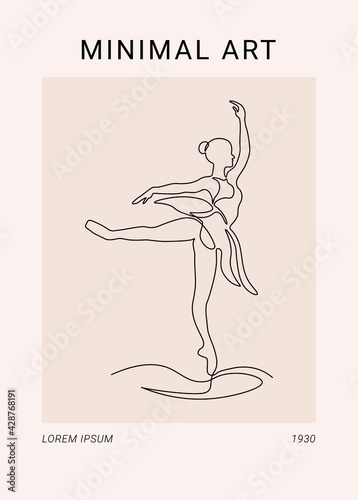 Ballerina one line drawing. Abstract poster with ballet dancer in a single continuous line style  wall art decor. Vector illustration