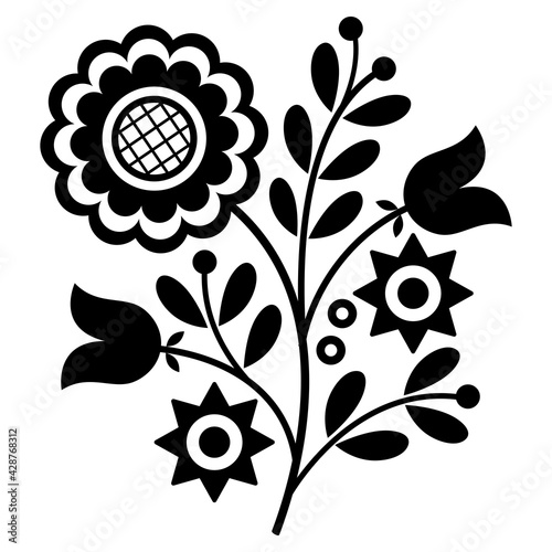 Slavic embroidery folk art vector design - Lachy Sadeckie black and white pattern inspired by Polish old floral decorations
