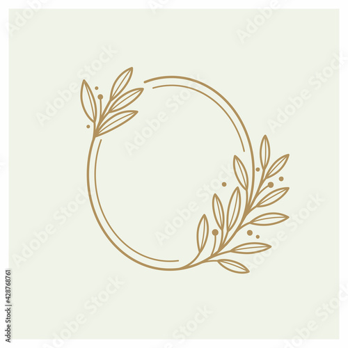 Round botanical frame element with laurel. Simple contour vector illustration for packaging, corporate identity, labels, postcards, invitations.