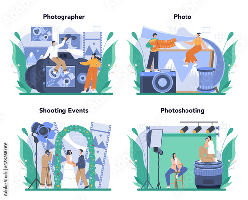 Photographer concept set. Professional photographer with camera