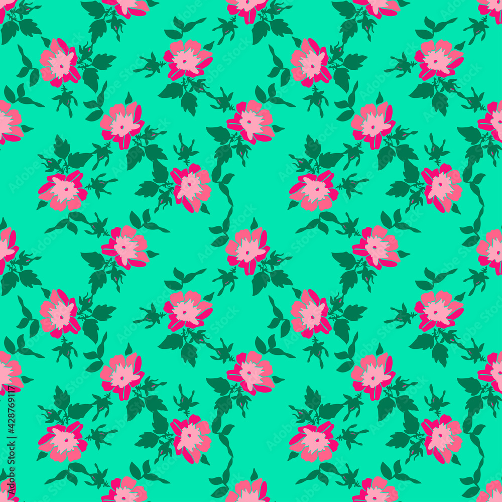 Drawing branches with flowers roses, bloom in pink colors.Floral seamless pattern, nature abstract background vector.Line art botanical illustration graphic design print. Trendy green bright wallpaper Drawing branches with flowers roses, bloom in pink colors.Floral seamless pattern, nature abstract background vector.Line art botanical illustration graphic design print. Trendy green bright wallpaper