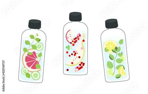 Infused water with fruits, berries, herbs and vegetables in glass bottles. Detox and refreshment drink concept. Isolated vector illustration.