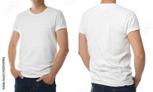Closeup view of man in t-shirt on white background, collage. Space for design
