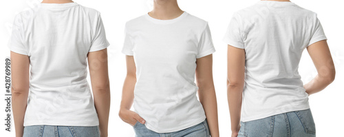 Closeup view of woman in t-shirt on white background, collage. Space for design