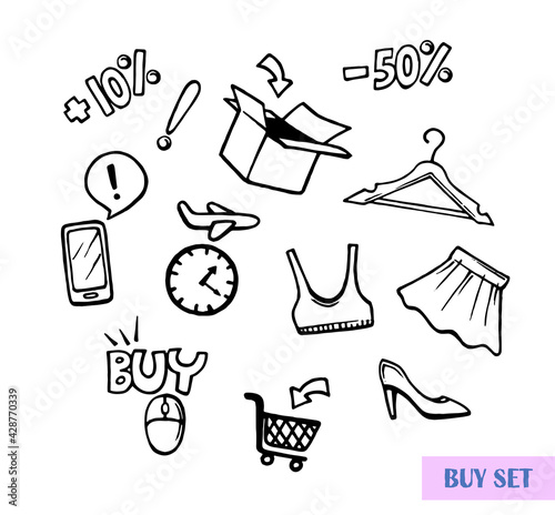 shopping doodles buy set illustration elements hand drawn vector sketches for design