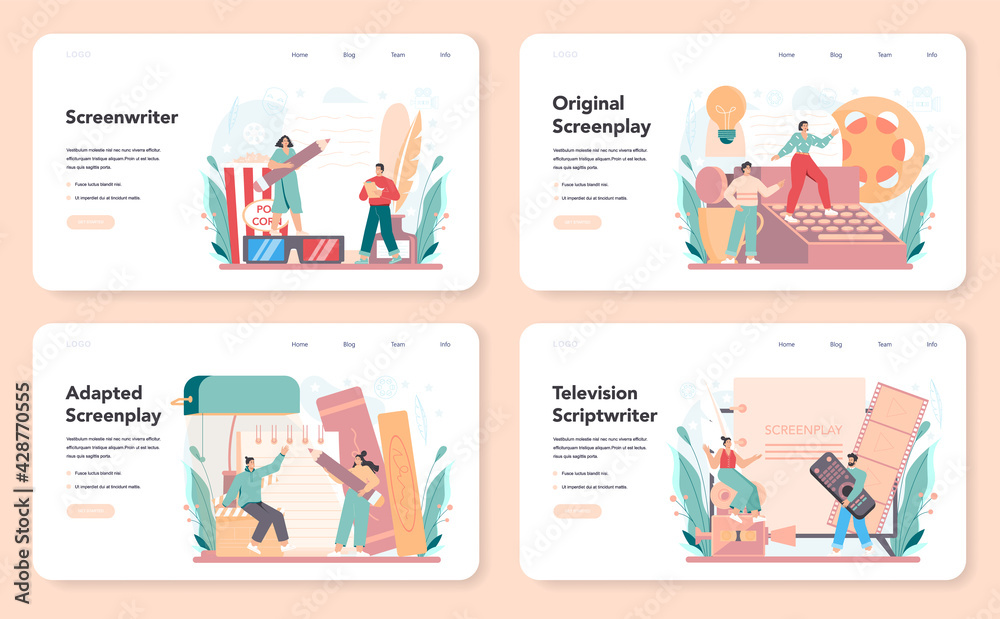 Screenwriter web banner or landing page set. Person create a screenplay Screenwriter web banner or landing page set. Person create a screenplay