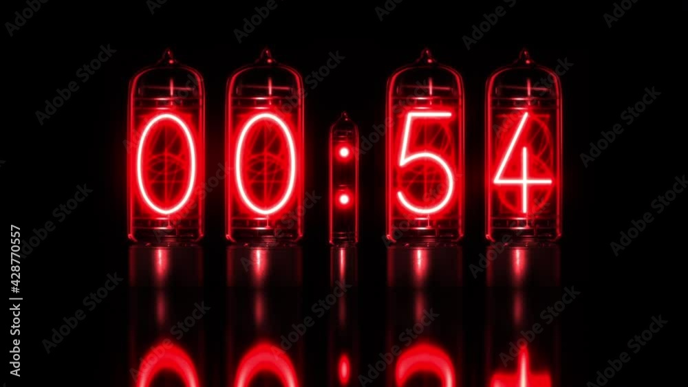 Realistic Nixie tube, red clock or timer. Countdown time from 60 seconds to 0. 1 minute. Retro, vintage electric time indicator. Bright glowing digital numbers. Nostalgic type. 3D render. 4K animation