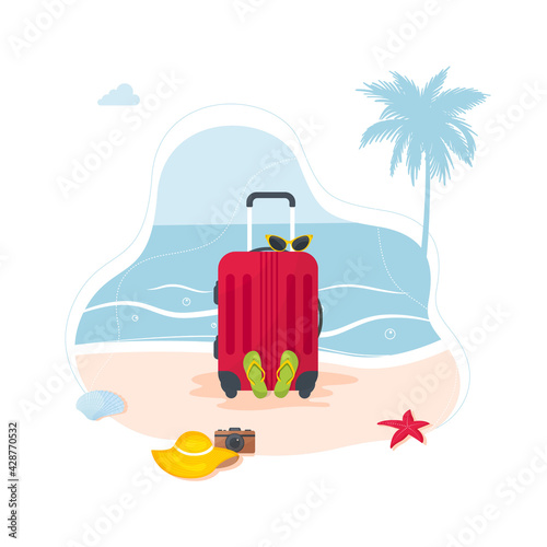 Summer holiday web banner. Red suitcase with traveler accessories. Red travel suitcase on tropical beach. Beach hat, sunglasses, slippers. Vacation vector illustration isolated banner.