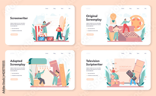 Screenwriter web banner or landing page set. Person create a screenplay