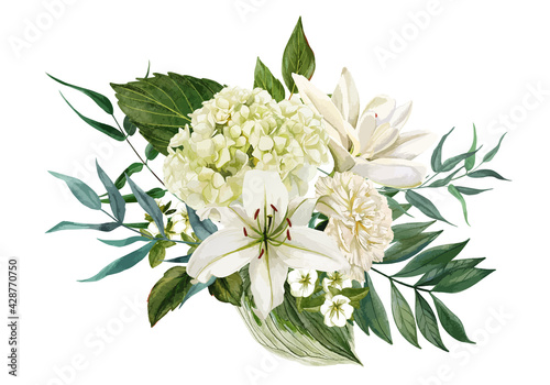 Lush bouquet composed of white flowers and greenery