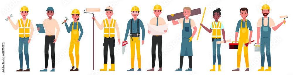 Group of professional workers in yellow uniform with instruments isolated on white. Concept of teamwork and cooperation at architecture sphere. Vector graphic illustration. Set of professional workers