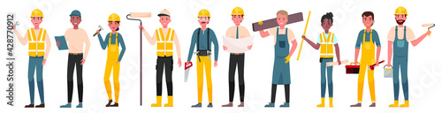 Group of professional workers in yellow uniform with instruments isolated on white. Concept of teamwork and cooperation at architecture sphere. Vector graphic illustration. Set of professional workers
