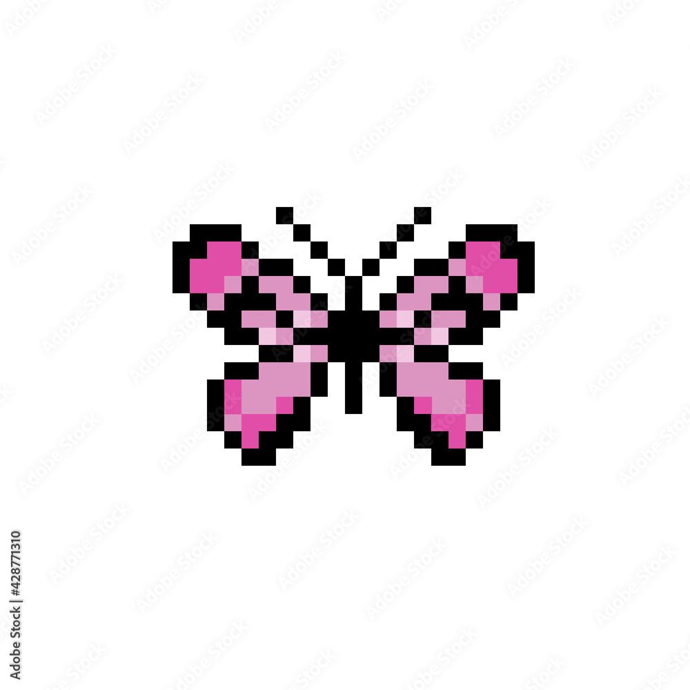 Pink butterfly on white background, pixel art, print for your design Pink butterfly on white background, pixel art, print for your design