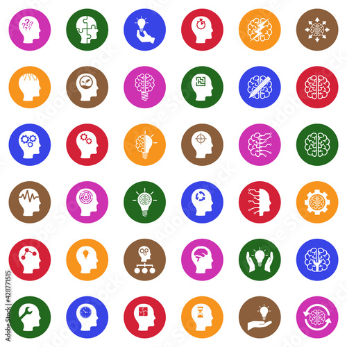 Mindset Icons. White Flat Design In Circle. Vector Illustration.