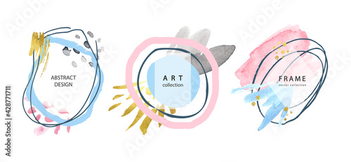 Set of creative frames with watercolor strokes and gold sparkles.Modern design for postcards, invitations, brochures and other uses.Vector illustration