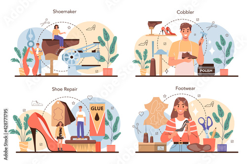 Shoemaker concept set. Craftsman wearing an apron mending shoe