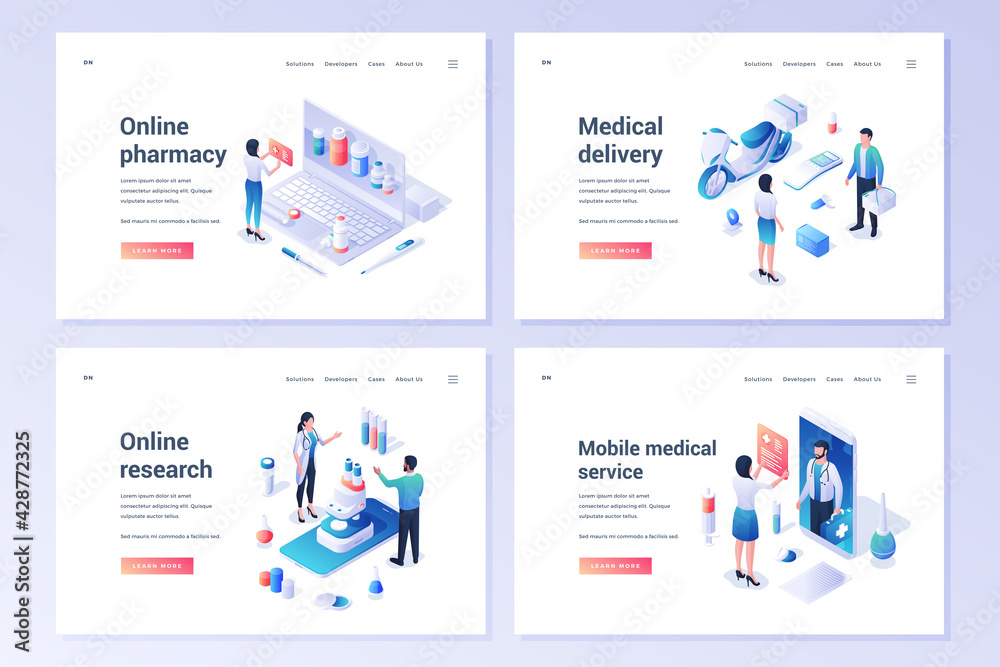 Vector set of modern website templates offering services of medical and pharmacy help and online research isolated on white background Vector set of modern website templates offering services of medical and pharmacy help and online research isolated on white background