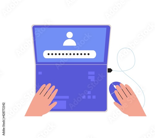 People register online on different devices. Registration or sign up user interface. User use secure login and password protection on website or social media account. Vector illustrations for UI, app.