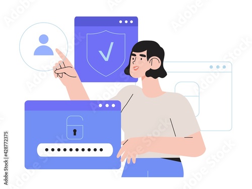 Woman register online on different devices. Registration or sign up user interface. User use secure login and password protection on website or social media account. Vector illustrations for UI, app. photo