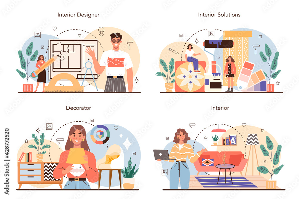 Professional interior designer concept set. Decorator planning the design Professional interior designer concept set. Decorator planning the design