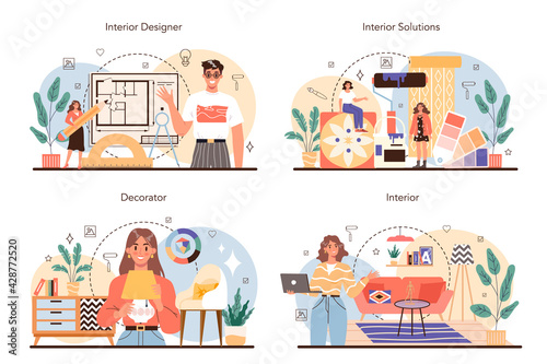 Professional interior designer concept set. Decorator planning the design