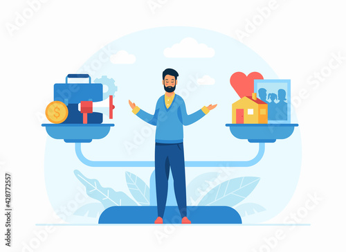 Life balance concept flat vector illustration. Career and family on scales. Male cartoon character businessman chooses between work and home
