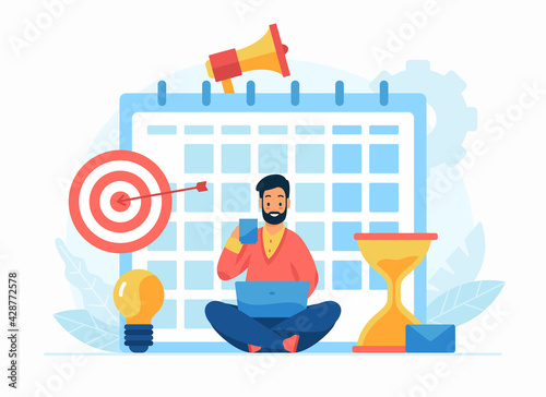 Self discipline and motivation concept flat vector illustration. Cartoon businessman sitting with laptop and working. Successful business planning. Self-management, profesional growth, time management