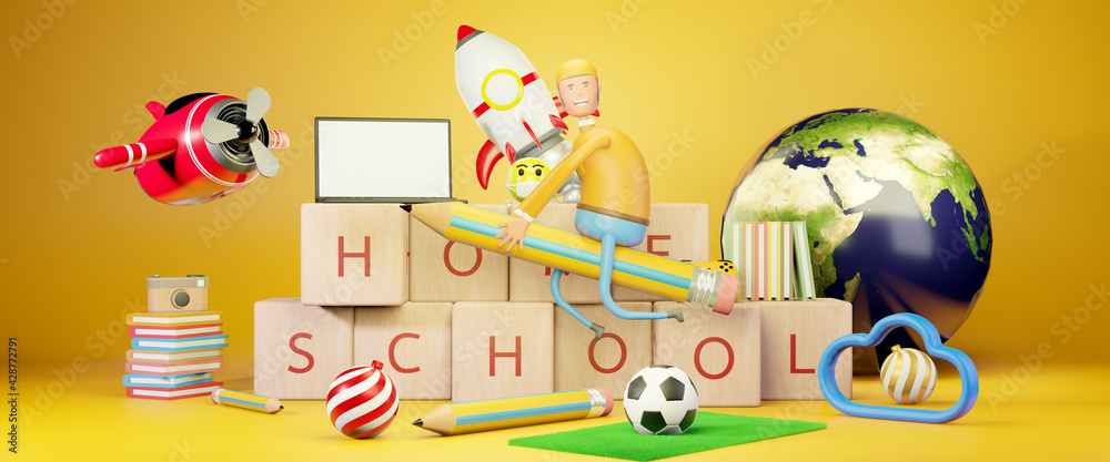 Fototapeta premium Digital Online Education, distance learning, back to school concept, 3D Illustration