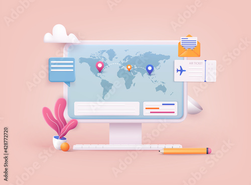 Traveling on airplane, planning a summer vacation, tourism. Online ticket concept. 3D Vector Illustrations.