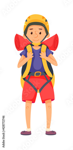 Cartoon climber backpacker isolated on white background
