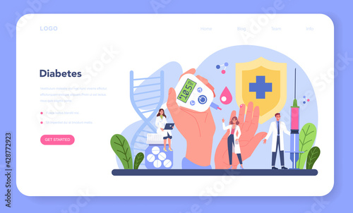 Diabetes web banner or landing page. Measuring sugar in blood with glucometer.