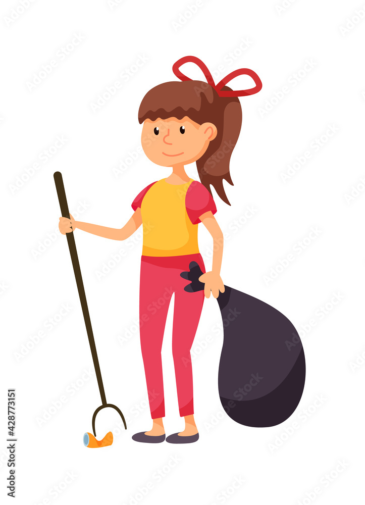 Young girl volunteer picking up can isolated on white Young girl volunteer picking up can isolated on white