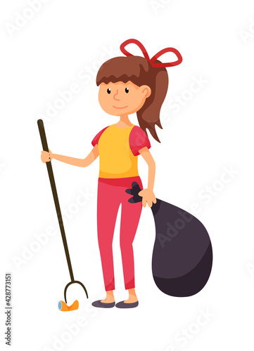 Young girl volunteer picking up can isolated on white