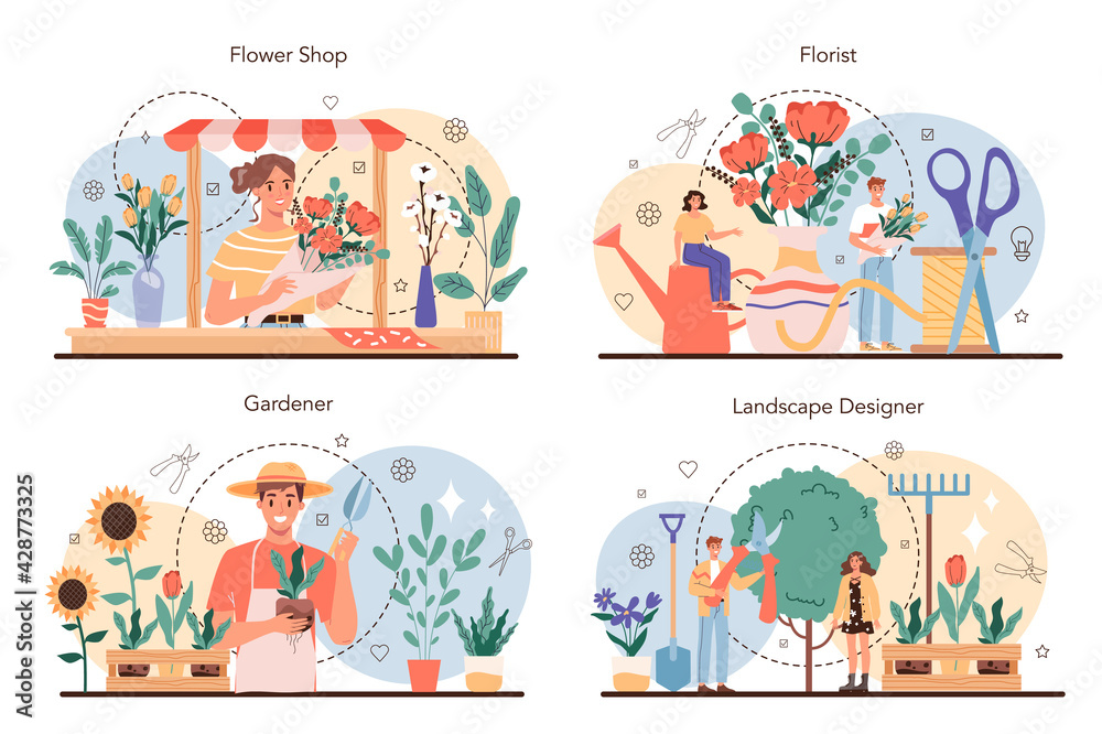 Florist concept set. Floral designer making bouquet for customer. Florist concept set. Floral designer making bouquet for customer.