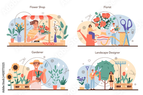 Florist concept set. Floral designer making bouquet for customer.