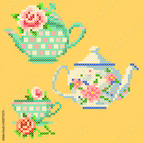 embroidery flowers and tea